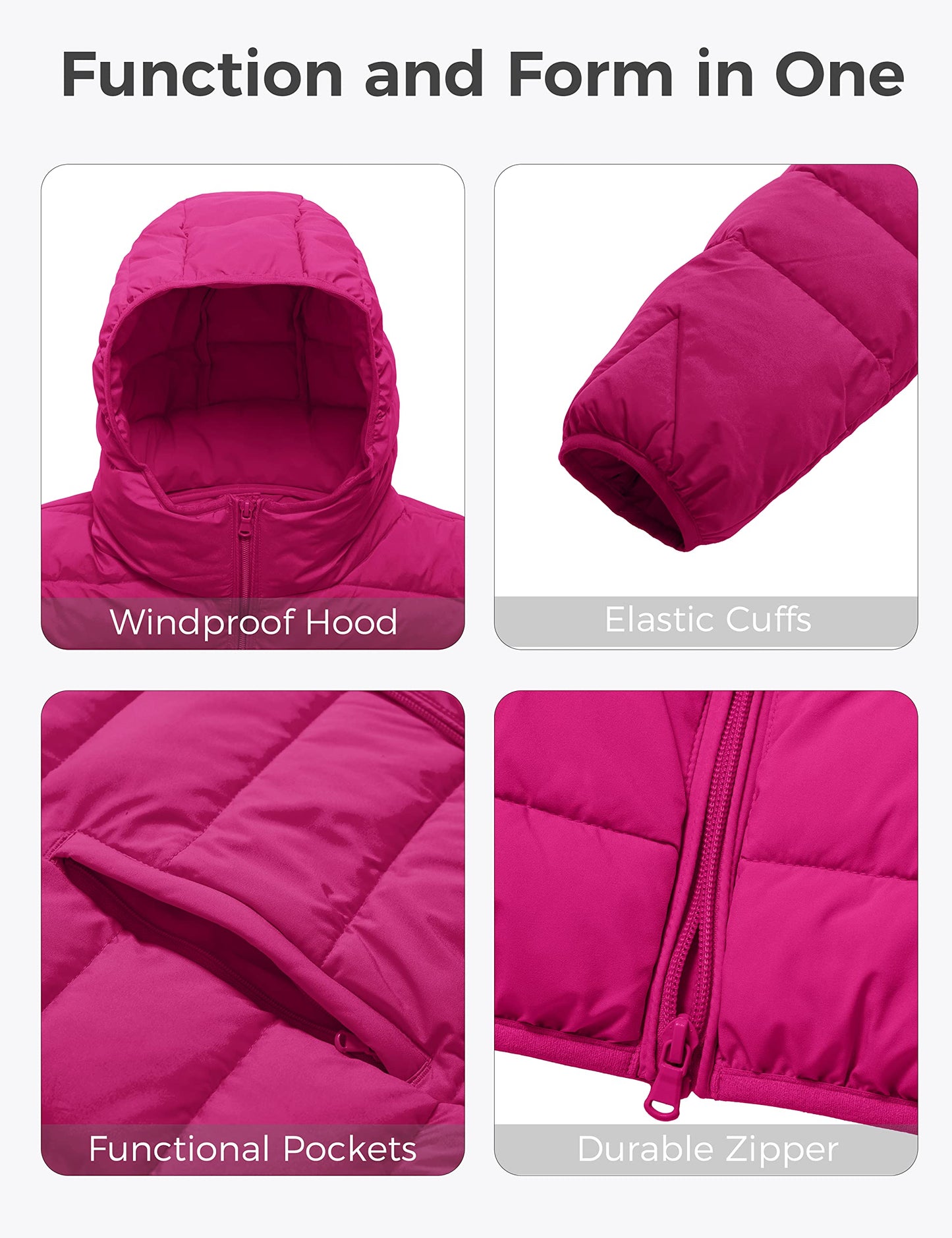 wantdo Plus Size Puffer Jacket Women Quilted Hooded Winter Coats Rose Red 3X