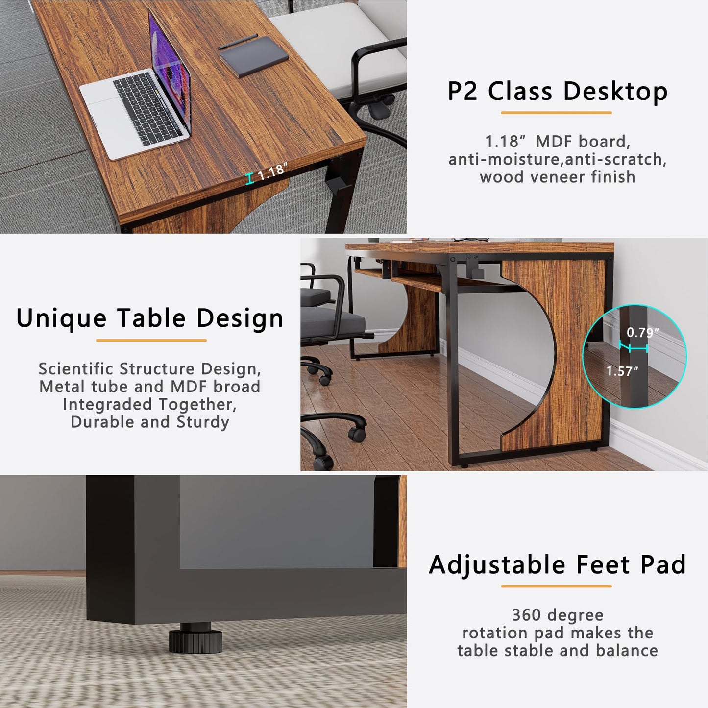 FUXJUM 78.7 Inch Extra Long Home Office Desk Game Computer Desks for 2 Persons Double Keyboard Trays Workstation with Hooks Writing Study Table Rustic Brown MDF and Metal Frame