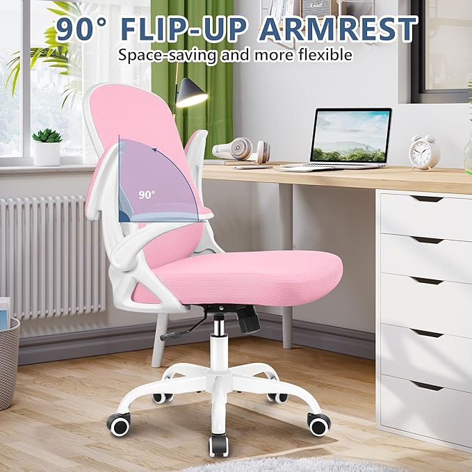 Winrise Ergonomic Office Chair, Mesh Desk Chair with Adjustable Lumbar Support, Flip-Up Armrests, Mid-Back Computer Swivel Task Rolling Chair, Pink