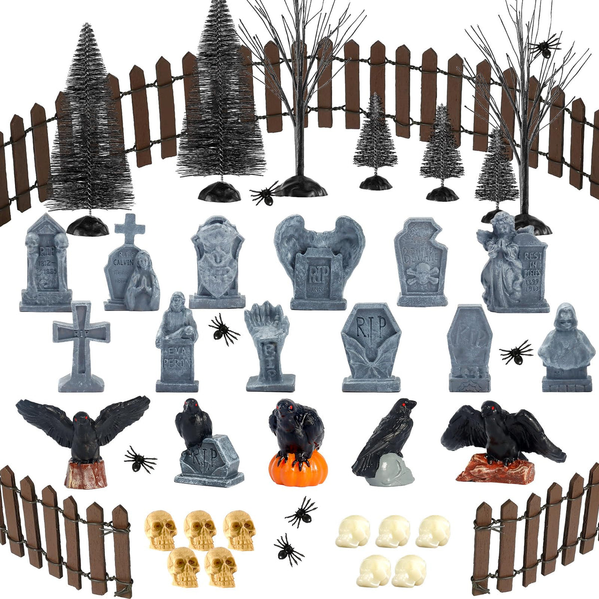 65 Pcs Halloween Village Accessories Set Miniature Tombstone Crow Figurines Mini Plastic Skulls Spiders Fence Bare Branch Trees Halloween Town Set for Mini Graveyard Scene Decor