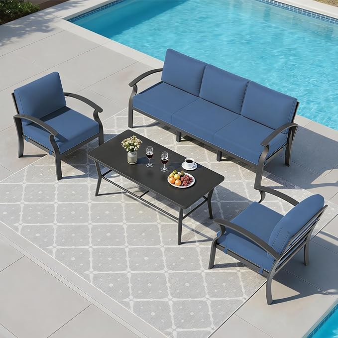 RTDTD Aluminum Outdoor Patio Furniture Set,5 Seats Patio Conversation Sets with Rectangular Coffee Table,Metal Patio Sectional Furniture Set with 5.1" Thickened Cushions,Navy Blue