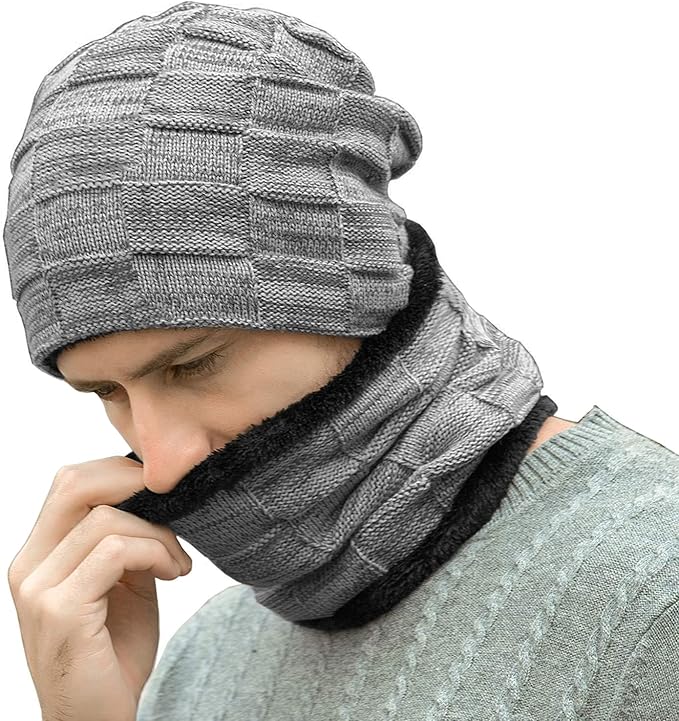 Mens Winter Beanie Hats Scarf Set Warm Knit Skull Cap Neck Warmer with Fleece Lined Winter Hat for Women