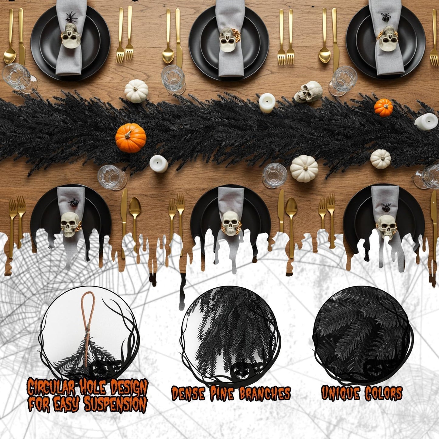 N&T NIETING 5.9FT Halloween Black Artificial Norfolk Pine Garlands Real Touch Pine Garland Faux Garland for Table, Mantle Holiday Fireplace Indoor Outdoor Halloween Decorations