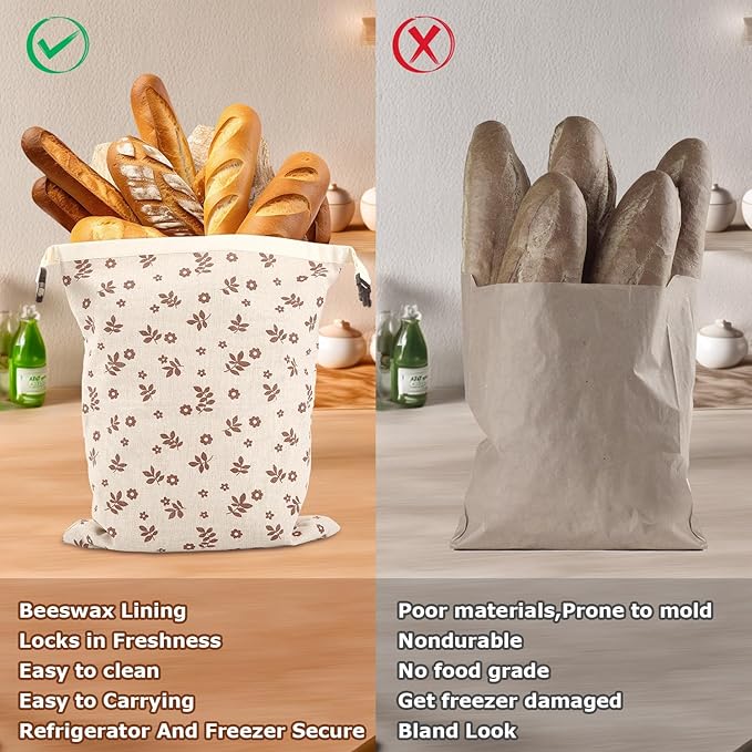 Beeswax Bread Bags, Reusable Linen Organic Beeswax Bread Bags for Sourdough, Keep Freshand and Large Capacity Sourdough Loaf Bag, Coffee Leaf Print Design Storage Bag for Gift