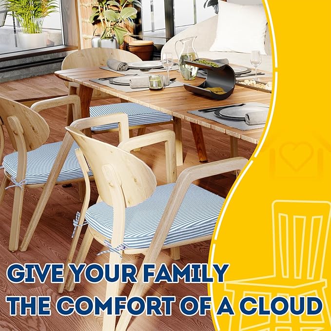 AAAAAcessories D-Shaped Chair Cushions, 2" Thick Dining Chair Pads with Ties and Removable, Machine-Washable Cover, 17" x 16", Set of 4, Pinstripe Blue