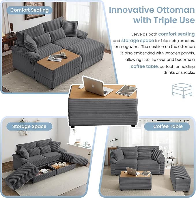 SUNWAVE 74" W Double Chaise Lounge Chair Indoor, Oversized Loveseat with Storage Ottoman, Corduroy Couch with USB Charging, Removable Ottoman, and Coffee Table Cushions for Living Room Bedroom