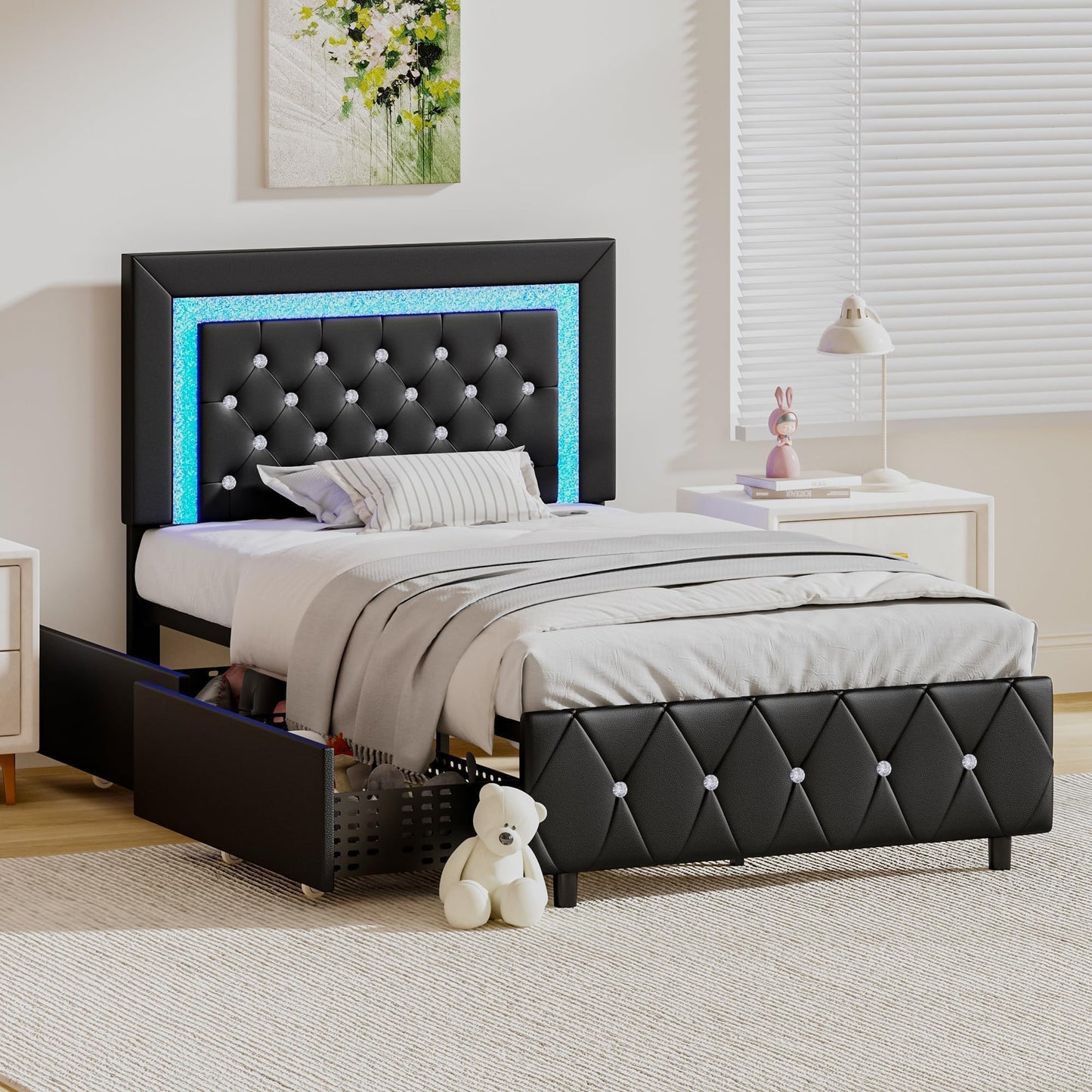 Twin Bed Frames with LED Lights and Storage Drawers, Upholstered Bed Frame with Diamond Headboard, Faux Leather Modern Platform Bed, Wooden Slats Support, No Box Spring Needed, Black