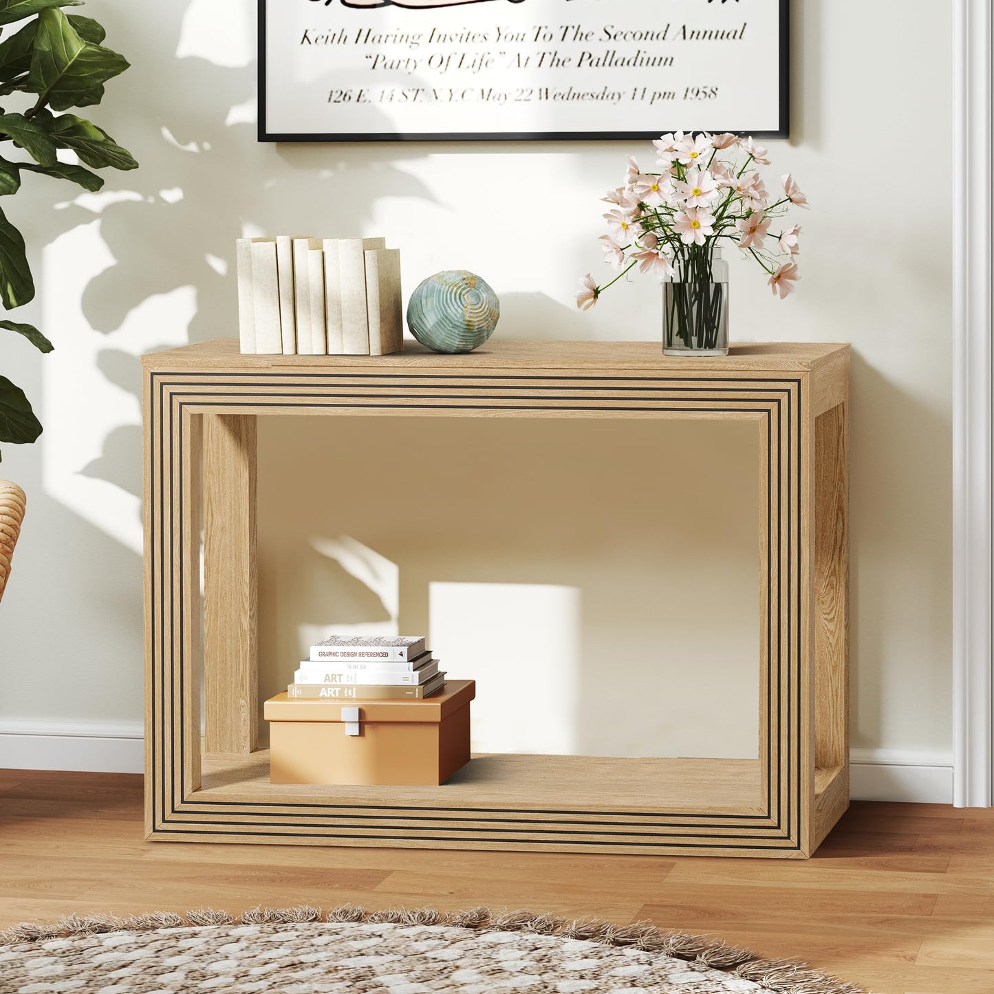 AVZEAR Fluted Entryway Console Table with Storage Shelf, 43" Mid-Century Couch Table Behind Sofa Long and Skinny for Living Room Hallway Entrance Foyer, Nature
