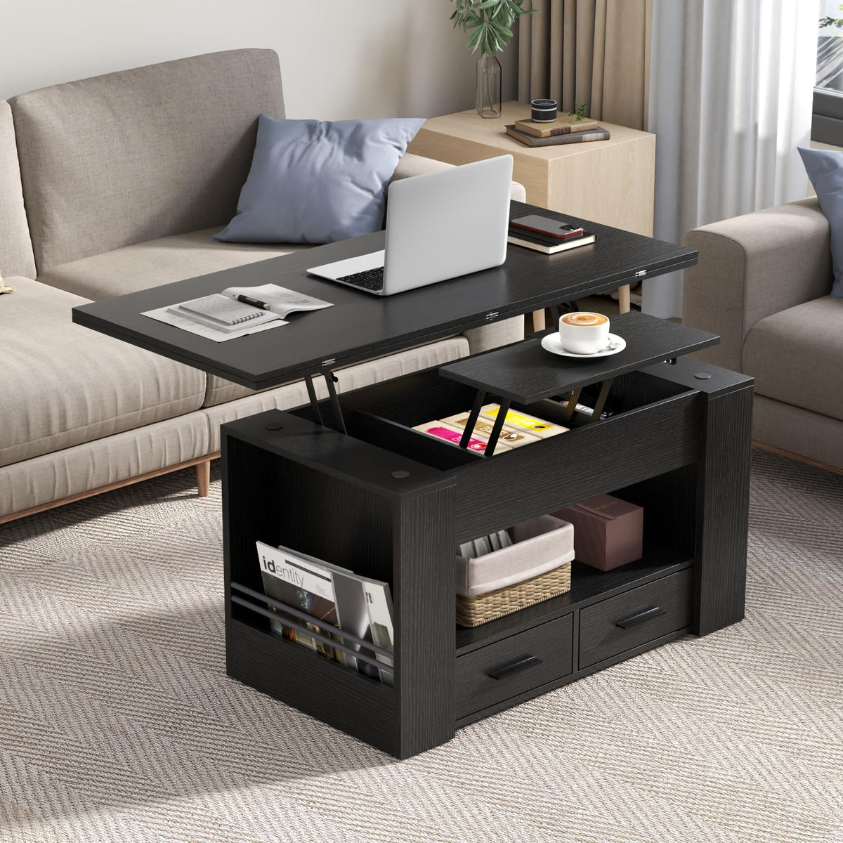 Lift Top Coffee Table, 4 in 1 Multi-Function Coffee Table with Storage Shelf and Hidden Compartment, Center Table with Large Drawers, Converts to Dining Table for Living Room, Home Office (Black)