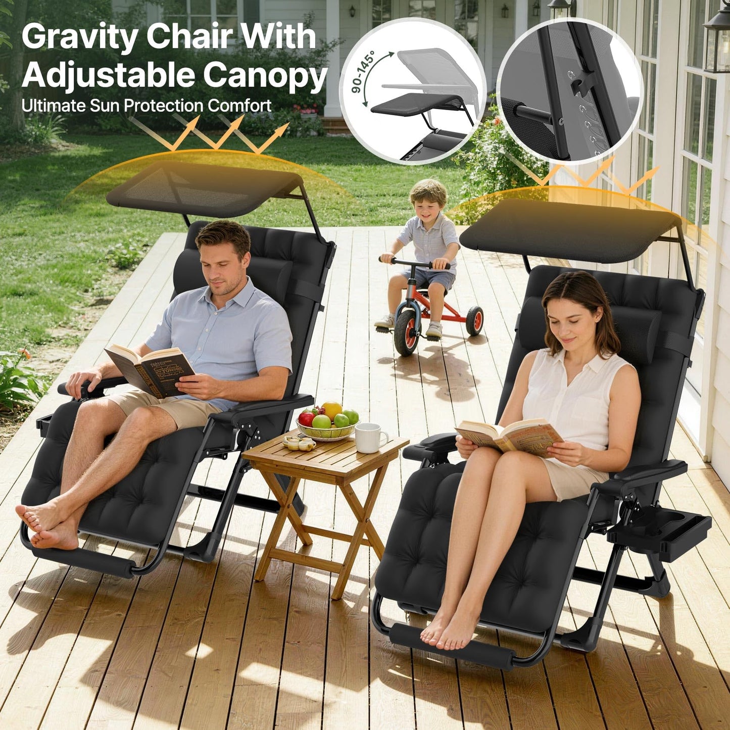 Suteck Zero Gravity Chair with Canopy,33In XXL Oversized Lounge Chair w/Removable Cushion&Headrest, Upgraded Lock and Footrest, Folding Reclining Patio Chairs Recliner for Indoor Outdoor
