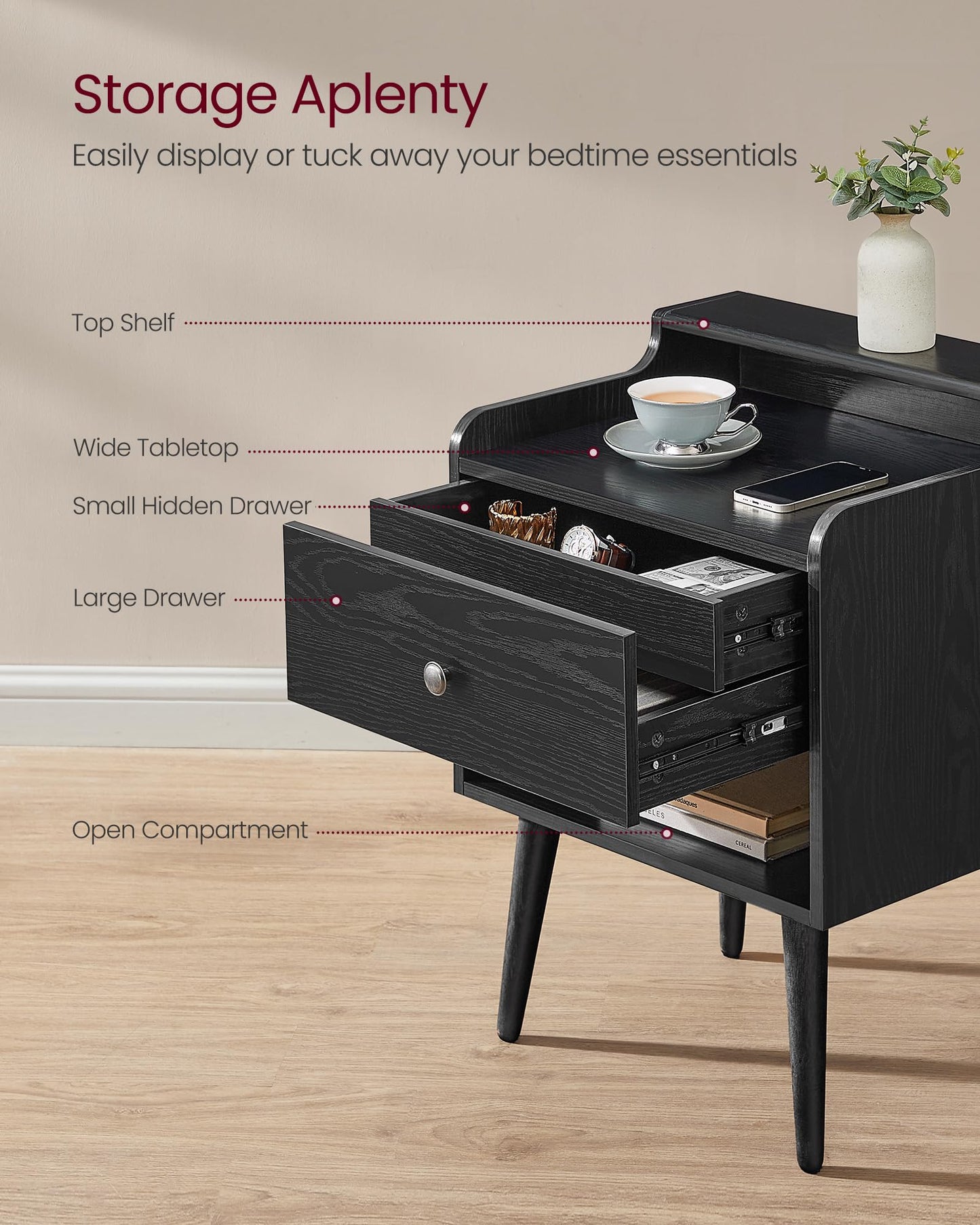 VASAGLE Nightstands, Set of 2, Bedside Tables with Hidden Drawers, Mid-Century End Side Tables with Solid Wood Legs, for Bedroom, Ebony Black ULET624B01