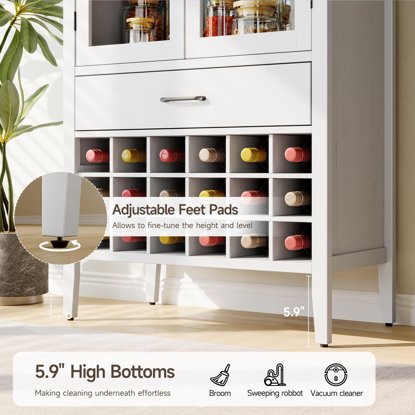 ONBRILL 71" Tall Wine Bar Cabinet, Arched Storage Cabinets with Door, Whiskey Station with Wine Rack and Glass Holder, Liquor Bar Cabinet for Home Kitchen Living Dining Room (Off White)