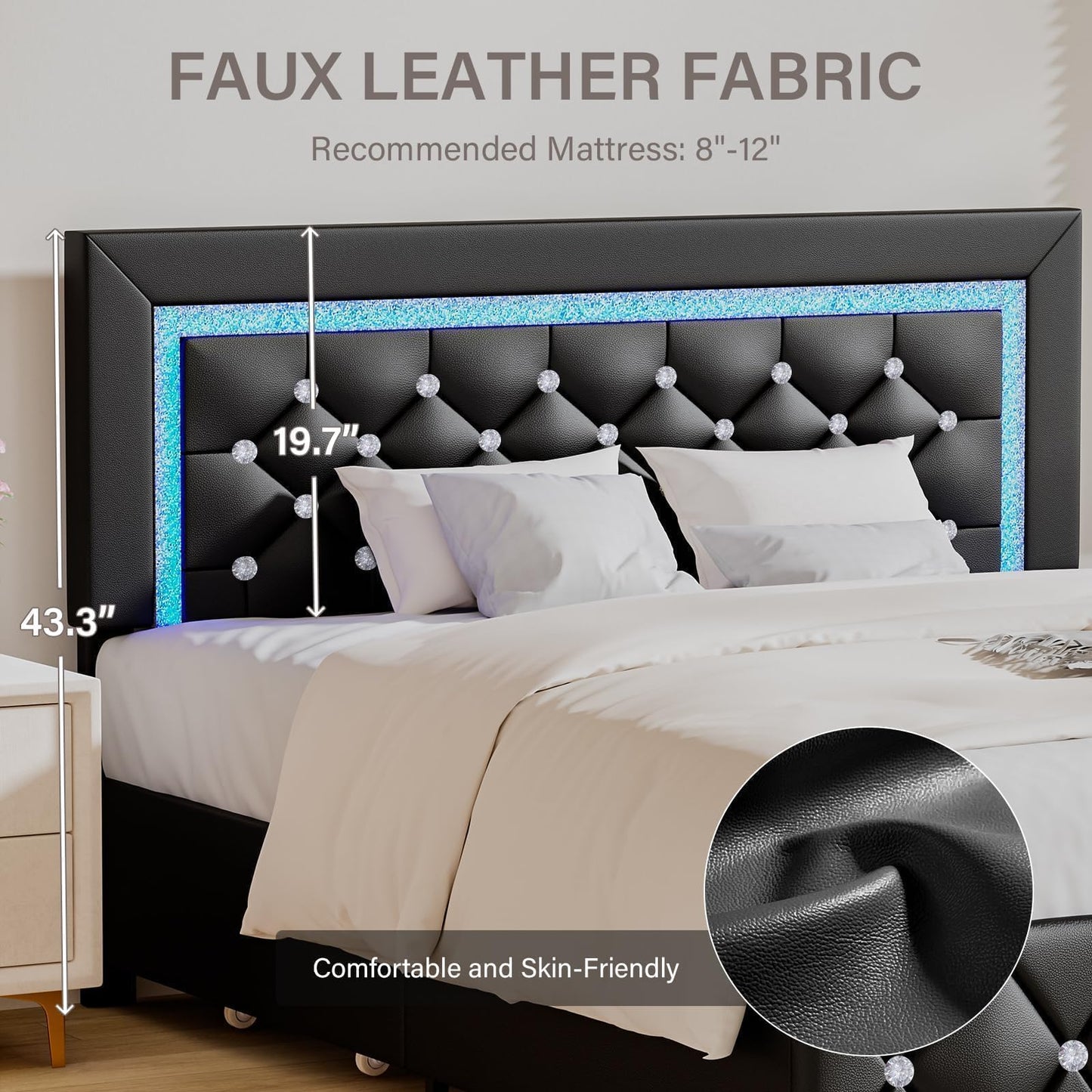 Twin Bed Frames with LED Lights and Storage Drawers, Upholstered Bed Frame with Diamond Headboard, Faux Leather Modern Platform Bed, Wooden Slats Support, No Box Spring Needed, Black