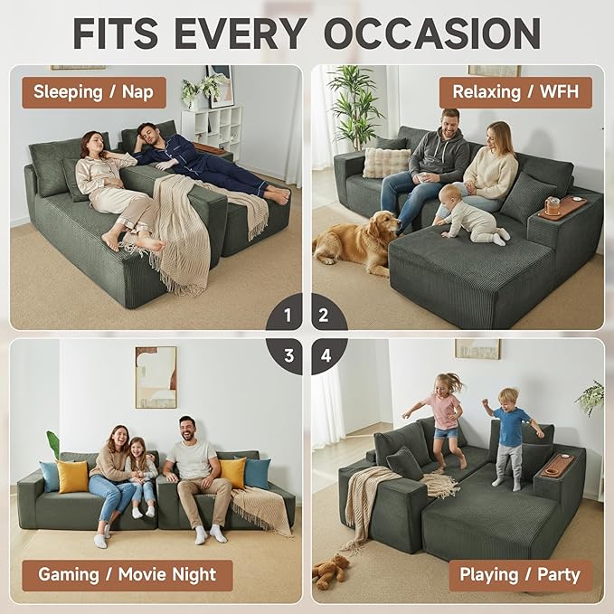 Modular Sectional Sofa Cloud Couch with Multi-Functional Armrests, Boneless Plush L-Shape Living Room Couch with Deep Seat, Fluffy Comfy Sleeper Sofa Easy Assembly (Green, Left Chaise)