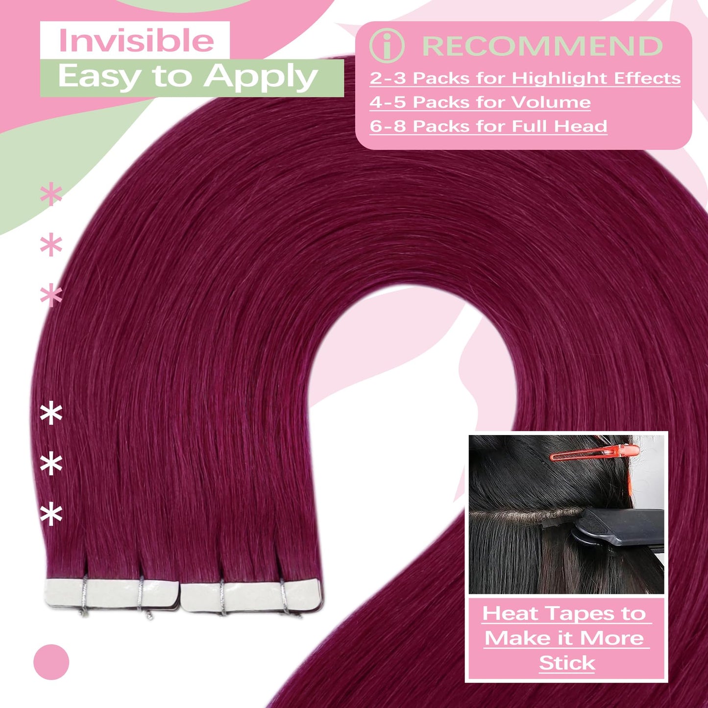 YoungSee Invisible Tape in Hair Extensions Magenta Tape Hair Extensions Real Human Hair Red 22 Inch Colored Tape Ins Human Hair