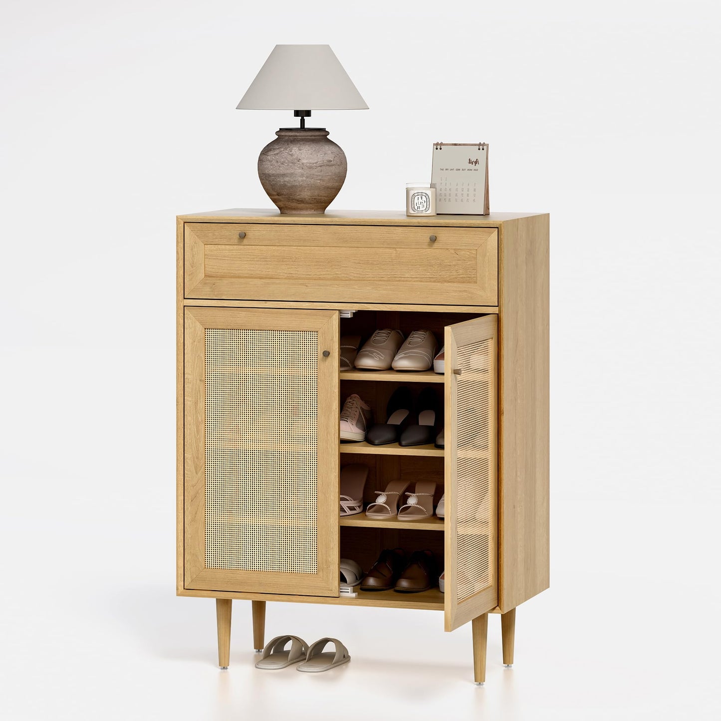 MoomJiee Farmhouse Rattan Shoe Cabinet Boho Shoe Storage Cabinet with 2 Doors Large Wooden Freestanding Shoe Rack Organizer with 4-Tier for Hallway, Entryway, Living Room, Natural Oak