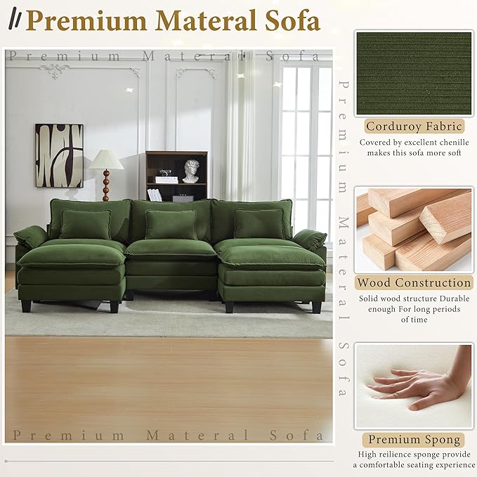 URRED Cloud Couch Modular Sectional Sofa, 122" Modern U Shaped Deep Seat Sofa with 2 Ottomans & Pillows, Ultra Comfy Corduroy Couches for Living Room, Bedroom or Apartment, Green
