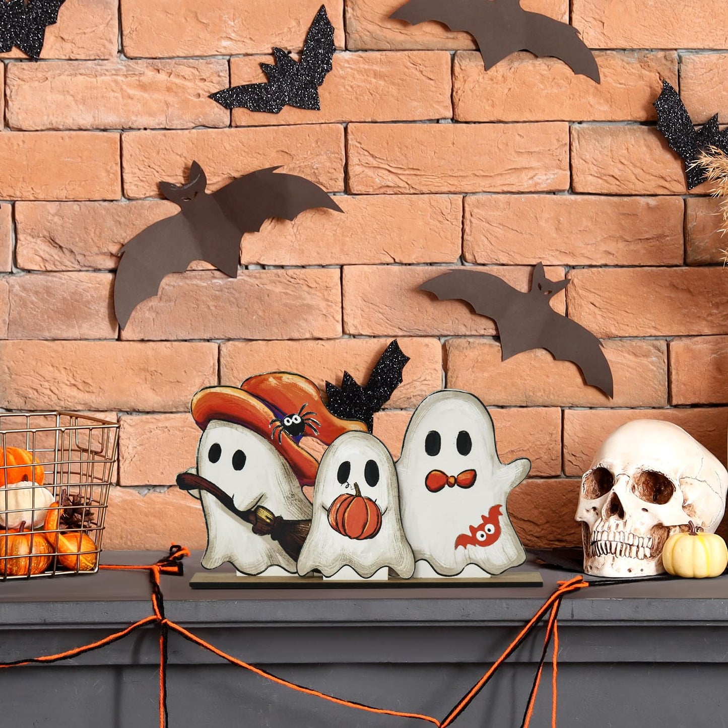 Smile Happy Halloween Wooden Table Decoration, Cute Ghost Spooky Standing Centerpieces, Indoor Decor for Desk Shelf and Party
