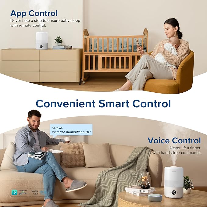 LEVOIT Smart Cool Mist Top Fill Humidifiers for Bedroom Baby with Sensor, Auto Humidity Setting, APP & Voice Control, Essential Oil Diffuser, Ultra Quiet Operation, Easy Top Fill, 3L, White
