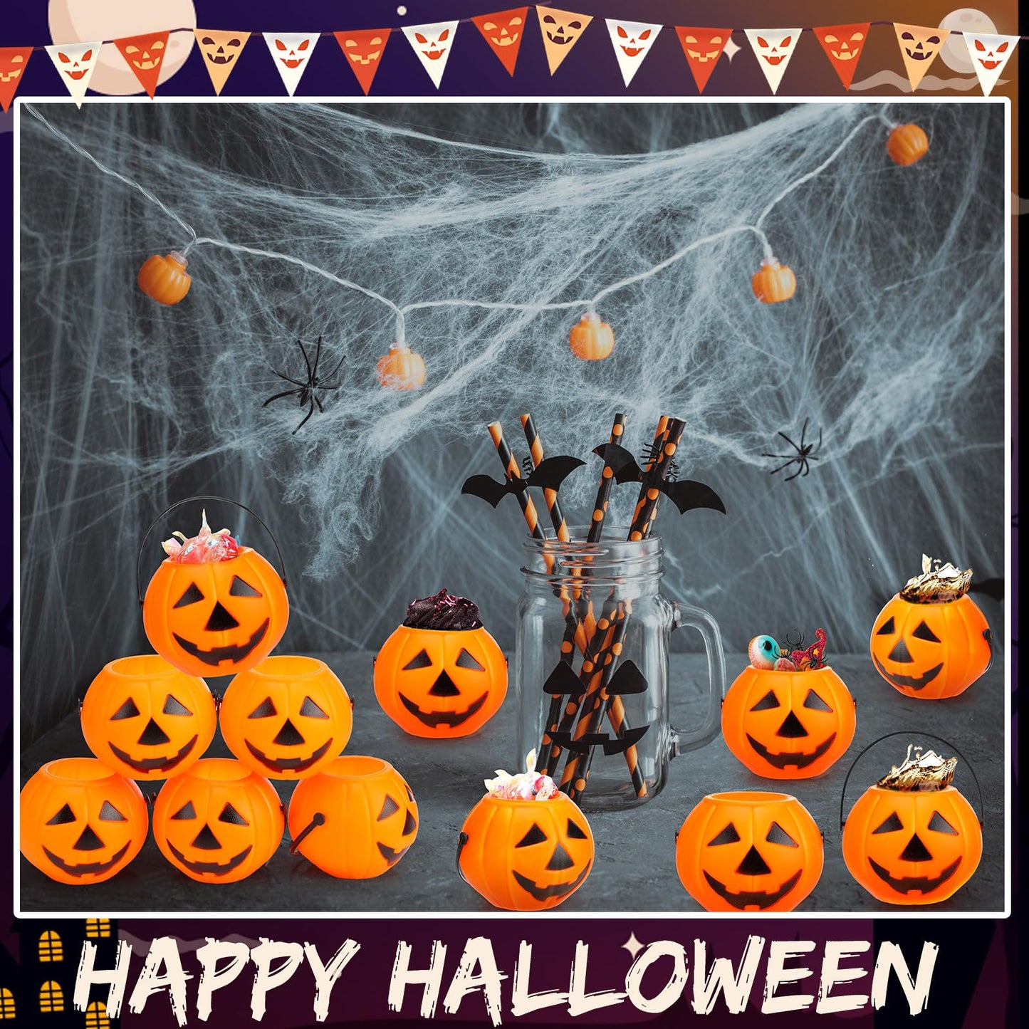 Lallisa 50 Halloween Mini Pumpkin Bucket Plastic Pumpkin Candy Container Halloween Party Favor Decoration Trick or Treat Buckets for Holiday Party Supplies(Orange)