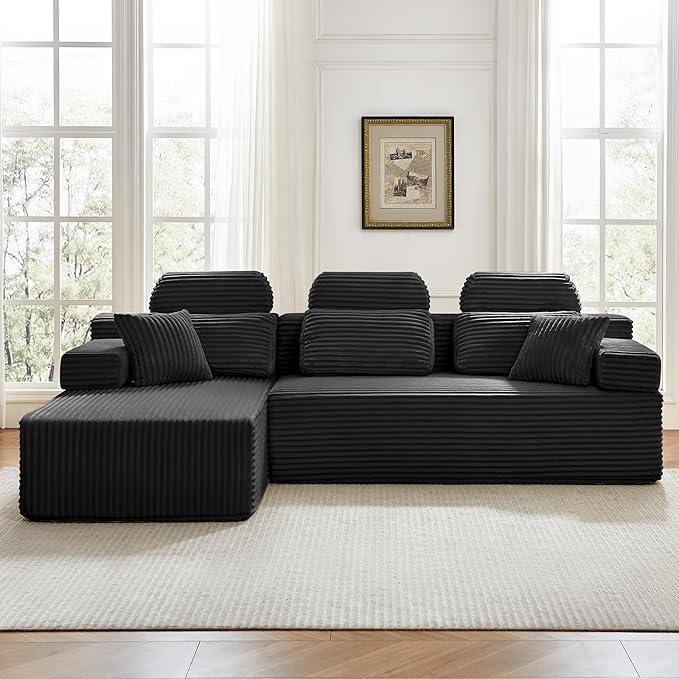 104" L-Shaped Cloud Modular Sectional Sofa with Chaise & Headrest, Boneless Deep Seat Plush Corduroy Couches for Large Living Room, No Assembly Required (Black, 104" L-shapred Chaise)