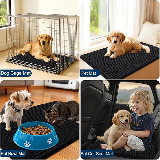 OLANLY Dog Door Mat for Muddy Paws 36x24, Ultra Absorbent Chenille Mud Doormat, Non-Slip Washable and Dirt Trapping Doormat for Indoor Entryway, Quick-Dry Indoor Pet Bed Mats for Dogs, Black