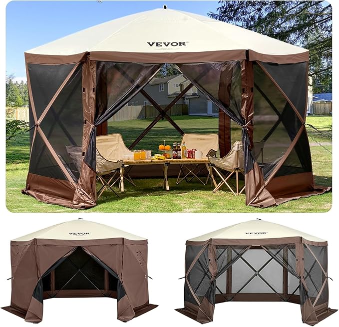 VEVOR 12 * 12ft 6 Sided Pop-up Canopy Shelter Tent with Mesh Windows, Portable Carry Bag, Stakes, Large Shade Tents for Ou...