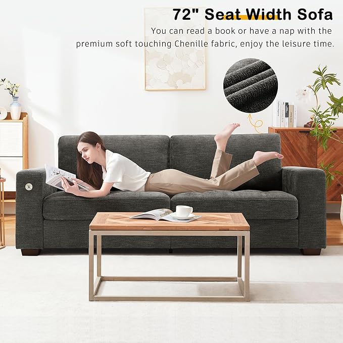Hanherry 89" Sofa for Living Room, Modern Comfy Couch with Medium Firm Seat Cushion, Removable Cover,Wide Armrest,USB/Type-C Port,Chenille Fabric Couches for Small Space,Apartment