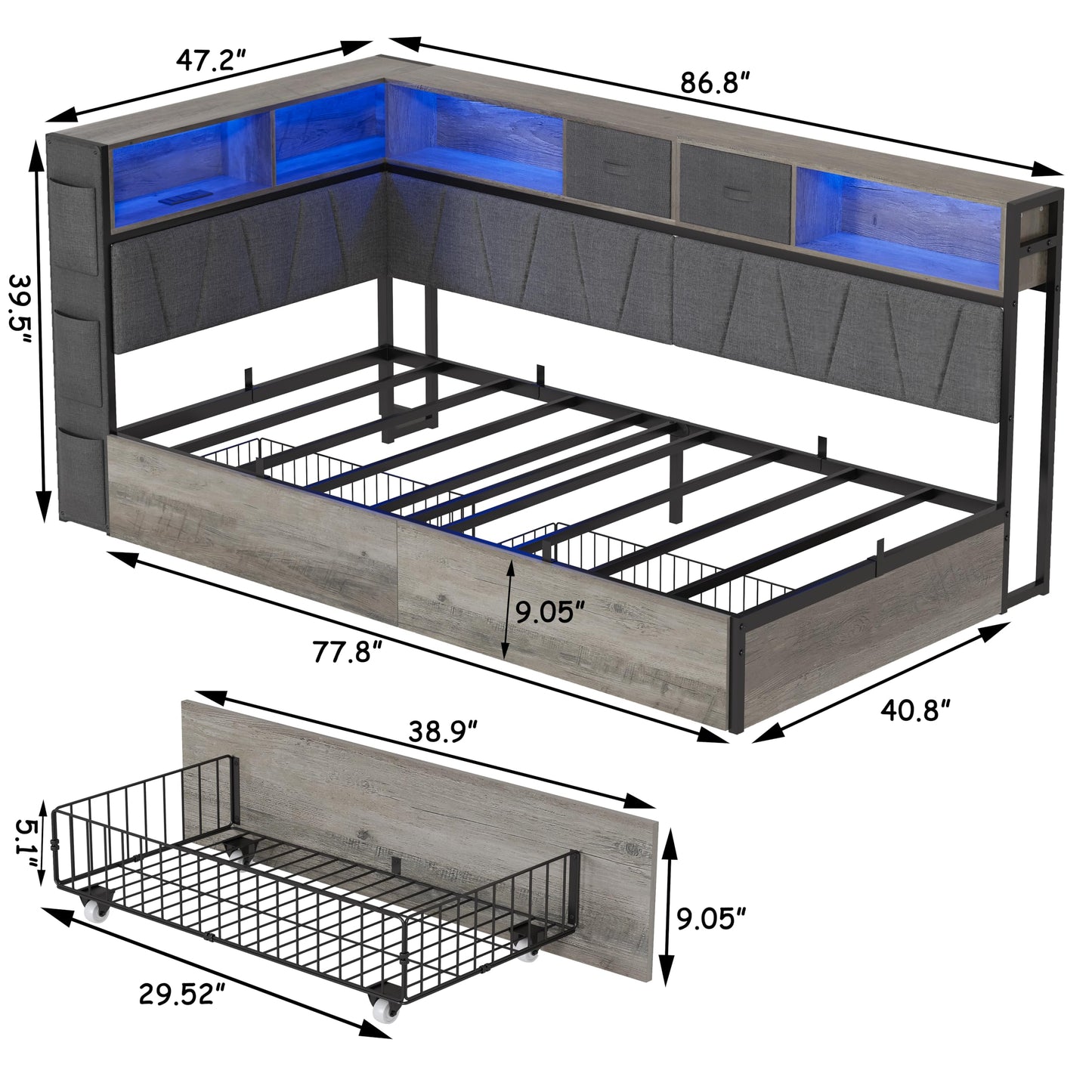 Twin XL Corner Bed Frame with Storage Bookcase, Kids Bed Unit with Charging Station and LED Light, Twin XL Size Platform Beds with Storage and Charging Station, with 2 Underneath Drawers, Grey