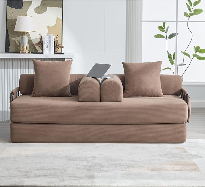 ZEIINPA Convertible Folding Mattress Couch, Comfy Corduroy Sleeper Floor Sofa Bed with Fixed-Shape Frame, Floor Sofa with Armrest, Lounge Couch for Living Room Bedroom Lounge Studio,Brown