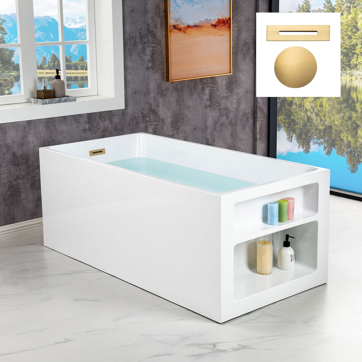 WOODBRIDGE 59" Acrylic Freestanding Bathtub Contemporary Soaking White Tub with Brushed Gold Overflow and Drain，BTA0081-BG-Drain&O