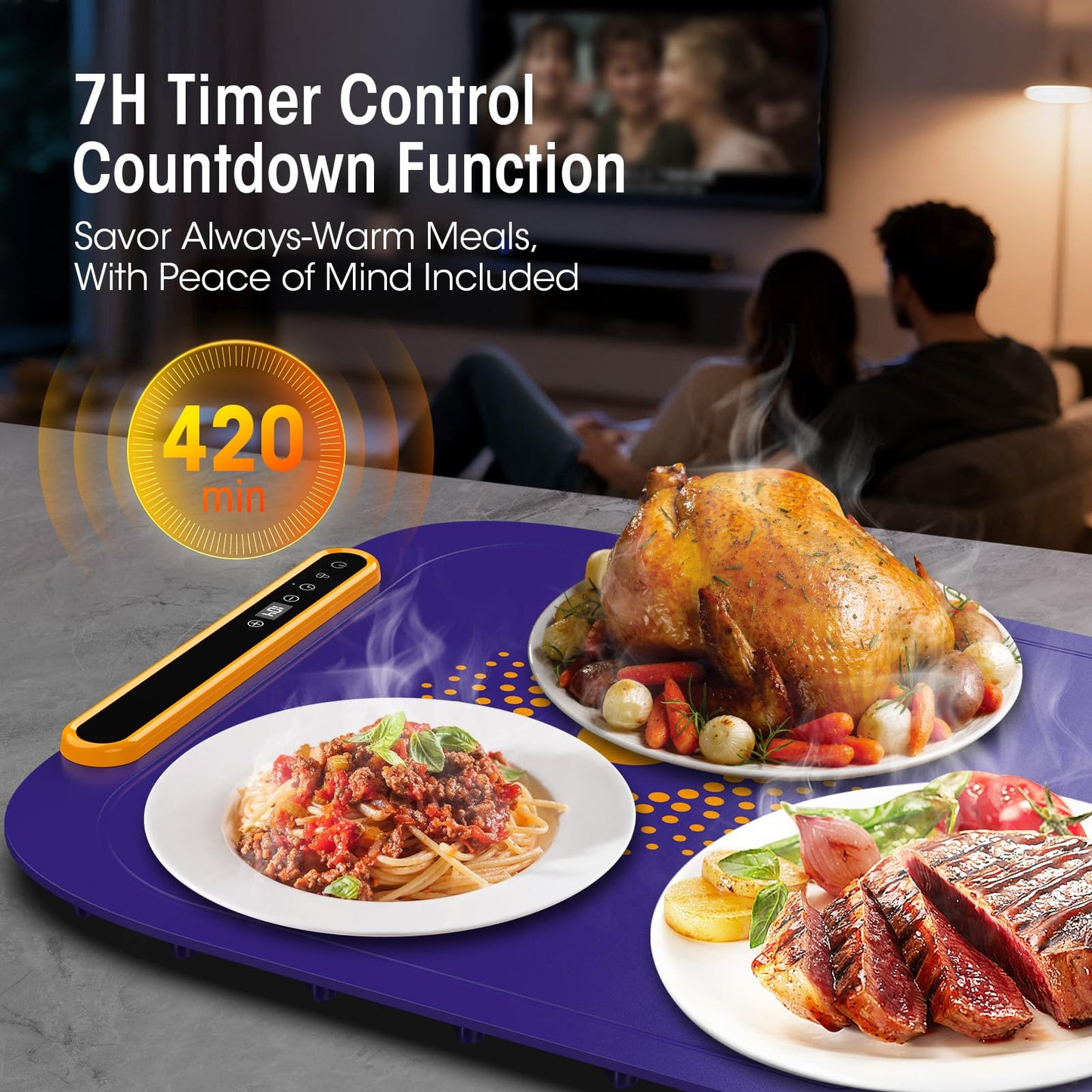 Warming Mat for Food, Extra Large, Food Warming Mat for Countertop, Food Warmer Mat with AI 7 Temperature Settings, Child Lock, Raised Feet Protects Table, Fast 8s Heating,Parties,Buffets,Daily Use