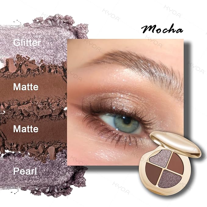 KYDA 4 Colors Eyeshadow Palette, Neutral Brown Matte Eyeshadow, Pearl Metallic Glitter Mini Makeup Palette, High Pigmented Eyes Shadow for Old Women, Mocha