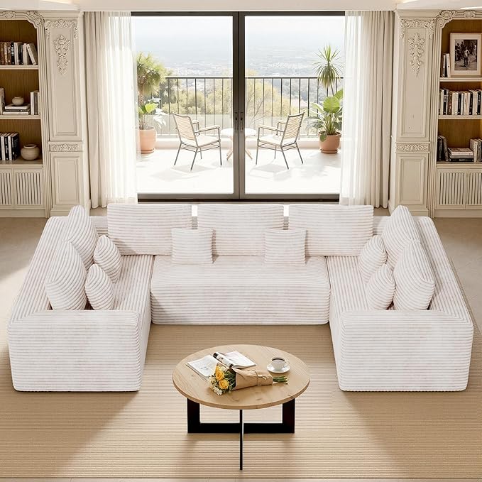136'' Large Sectional Cloud Couches with Chaise, U Shaped Boneless Loveseat Sofa, No Assembly Required Deep Seat Modular Lounge for Living Room 3PCS Set, Bedroom(Beige)