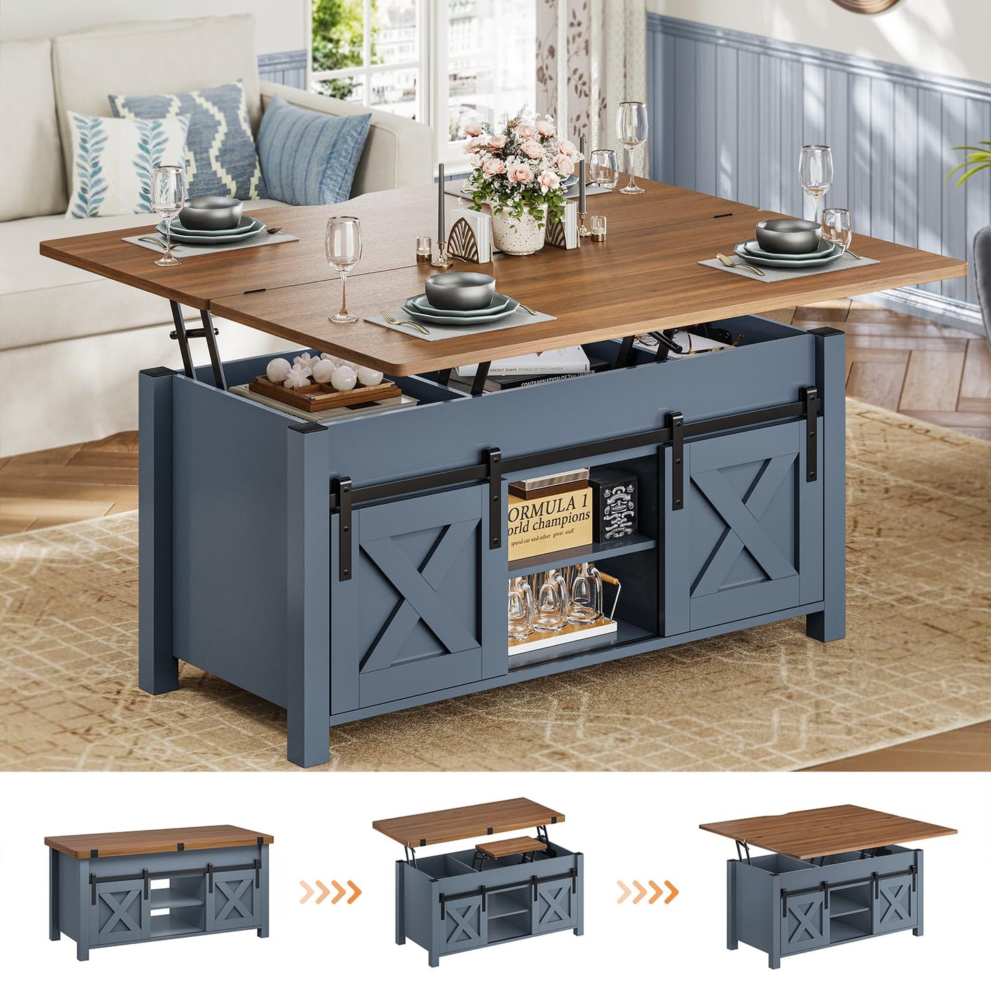 SEDETA Lift Top Coffee Table, 4 in 1 Multi-Function Convertible Coffee Tables with Storage and Hidden Compartment, Farmhouse Coffee Table Converts to Dining Table for Living Room, Blue