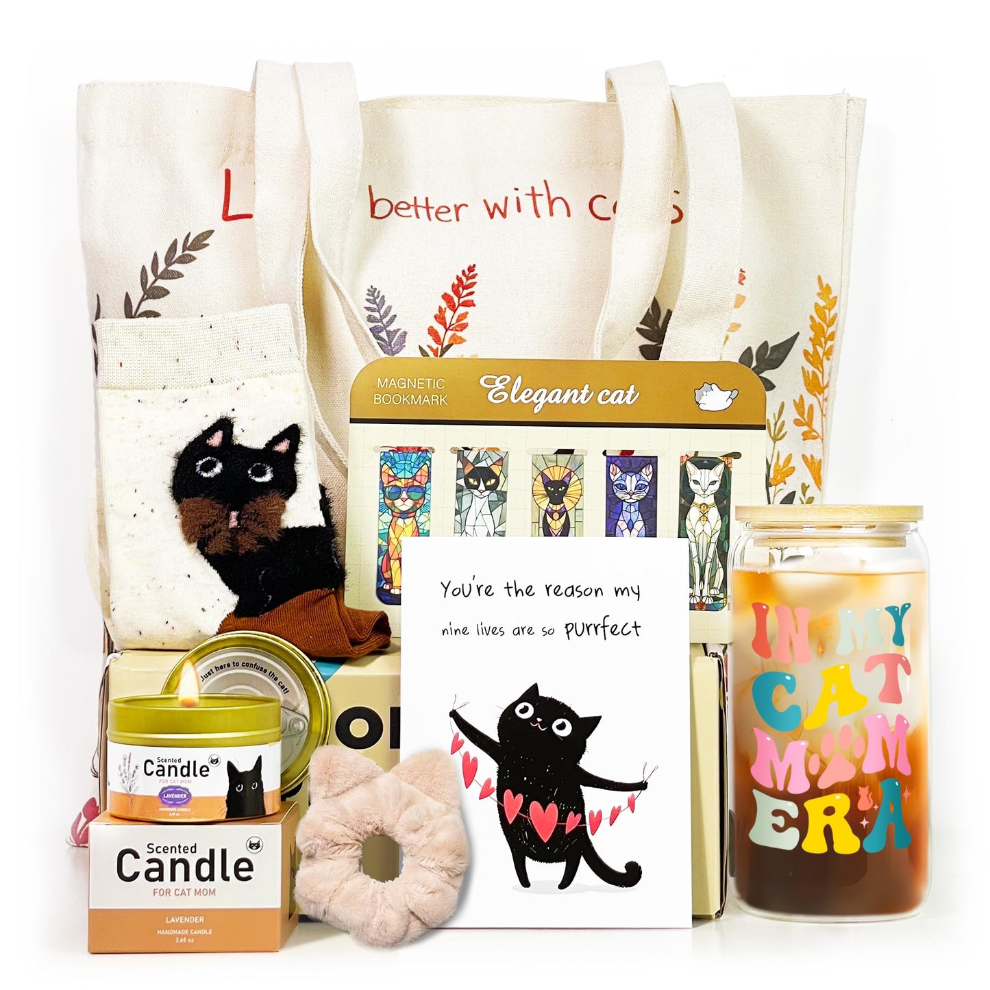 Cat Lover Gifts For Women, Cat Mom Gifts, Cat's Themed Box For Crazy Cats Lady, Mothers Day Gift For daughter, Christmas Birthday Gift For Cats Lovers Bestfriend Coworke Daughter with 16 oz Glass Cup