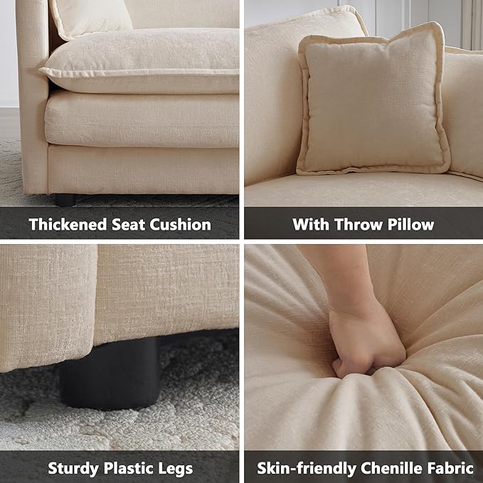 mikibama Luxury Modular Sectional Sofa, 146.5" Modern Chenille Comfy Cloud Couches for Living Room Office, 4 Seater Deep Sofa with 2 Armrest Pillows and 4 Toss Pillows, Light Coffee