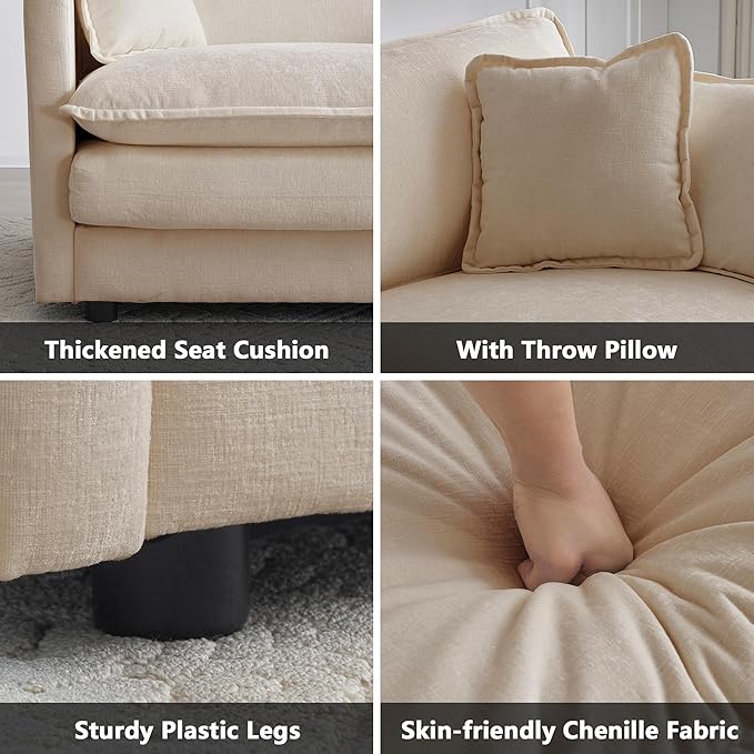 mikibama Luxury Modular Sectional Sofa, 111.5" Modern Chenille Comfy Cloud Couches for Living Room Office, 3 Seater Deep Sofa with 2 Armrest Pillows and 3 Toss Pillows, Light Coffee