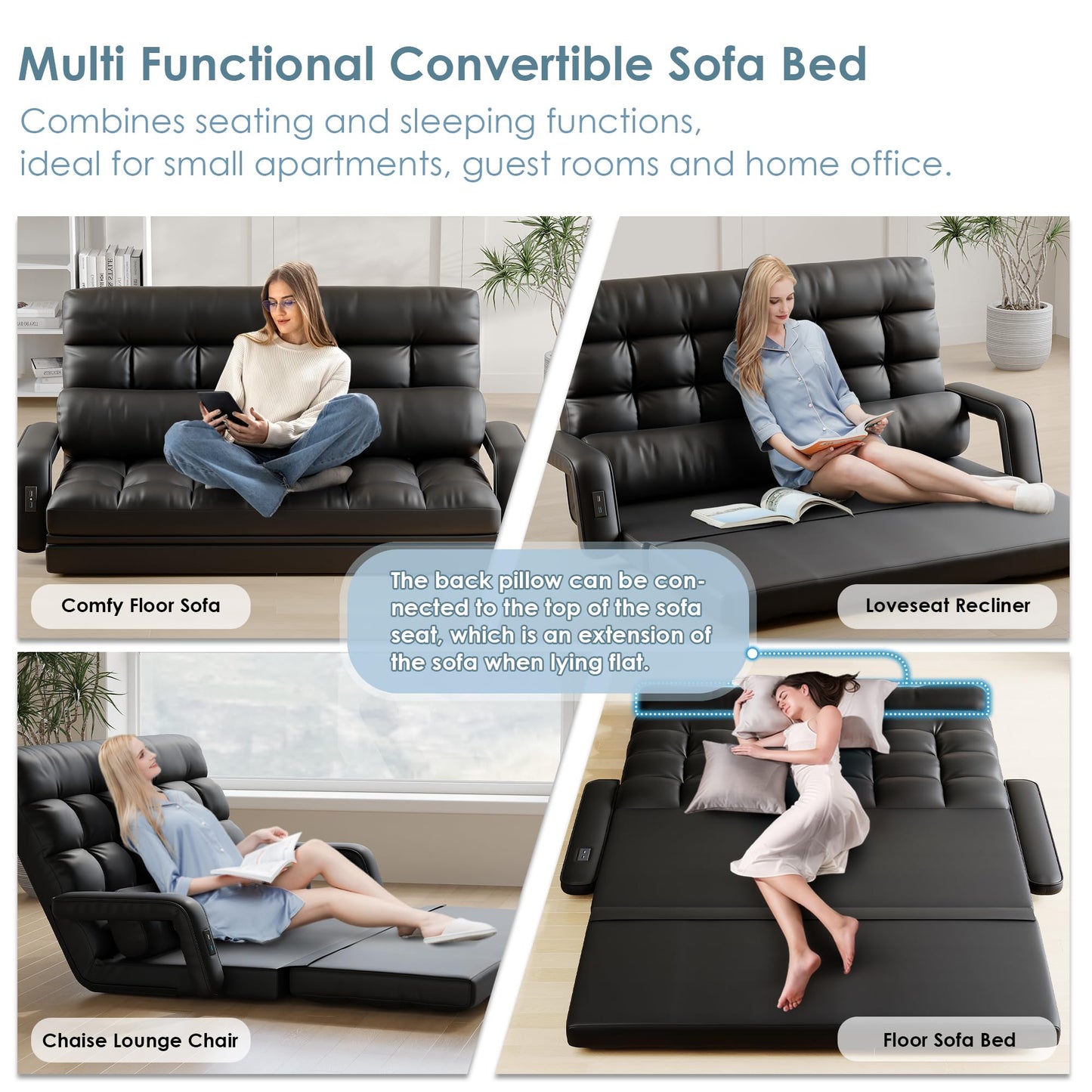 STHOUYN 6-Position Floor Lounge Sofa Bedroom Fold Out Couch, Floor Seating Bean Bag Bed RV No Bones Couch for Adults, Convertible Sleeper Memory Foam Lazy Sofa, Boneless Bed Furniture (Black Leather)
