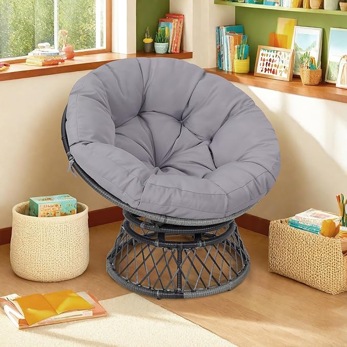 40" Ergonomic Wicker Papasan Chair, 360° Swivel Indoor Outdoor Rattan Chair with Soft Thick Cushion, Ideal for Living Room, Bedroom, Reading Room, Grey Frame with Light Grey Cushion