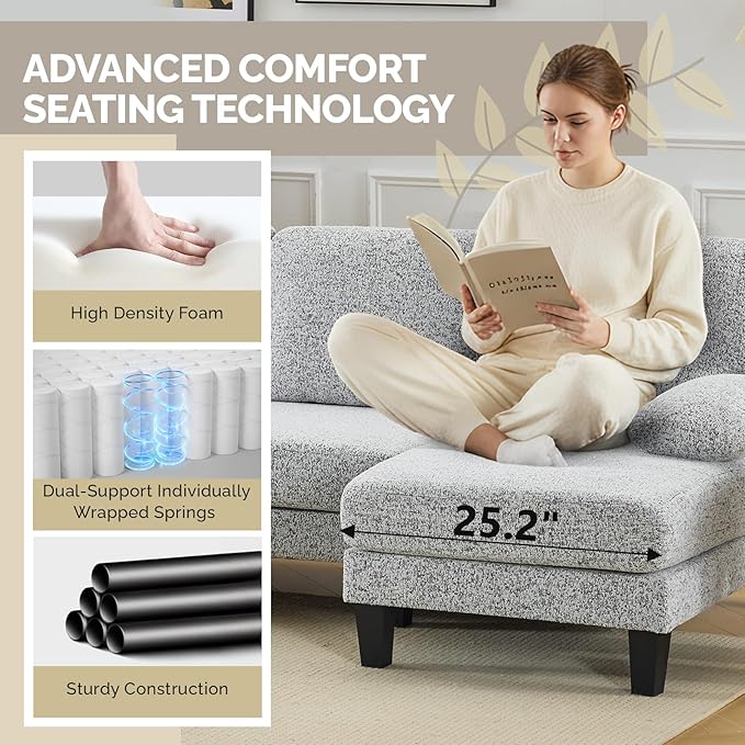 VINGLI 110' U-Shaped Sectional Couch with Two Chaise, Affordable Small Sofa with 4 Seats, Chenille Fabric Comfy Couches for Living Room, Light Grey