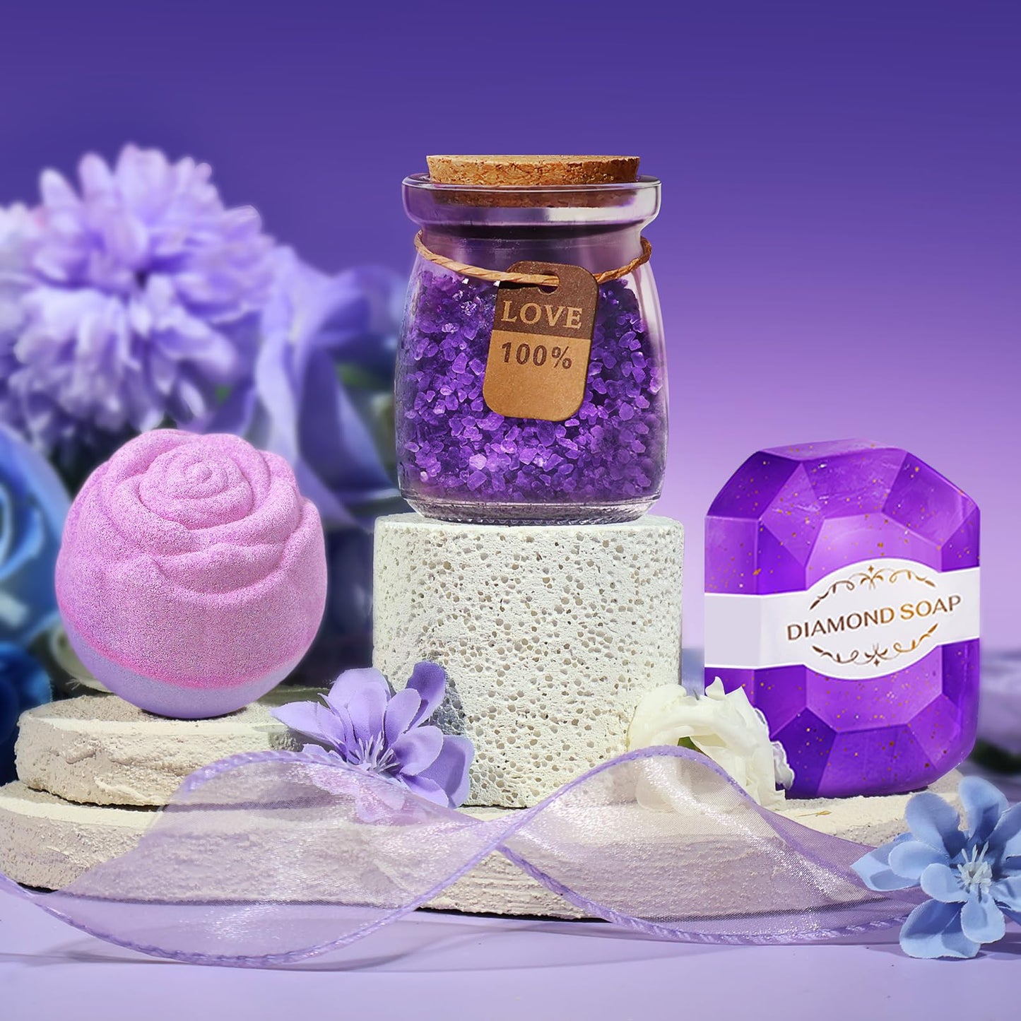 Allemu Birthday Gifts for Women, Thank You Gifts for Mom, Gifts for Wife, Girlfriend, Sister, Gift Set Idea for Her Christmas - Purple Gift Basket with 20 Oz Novelty Drinking Glasses