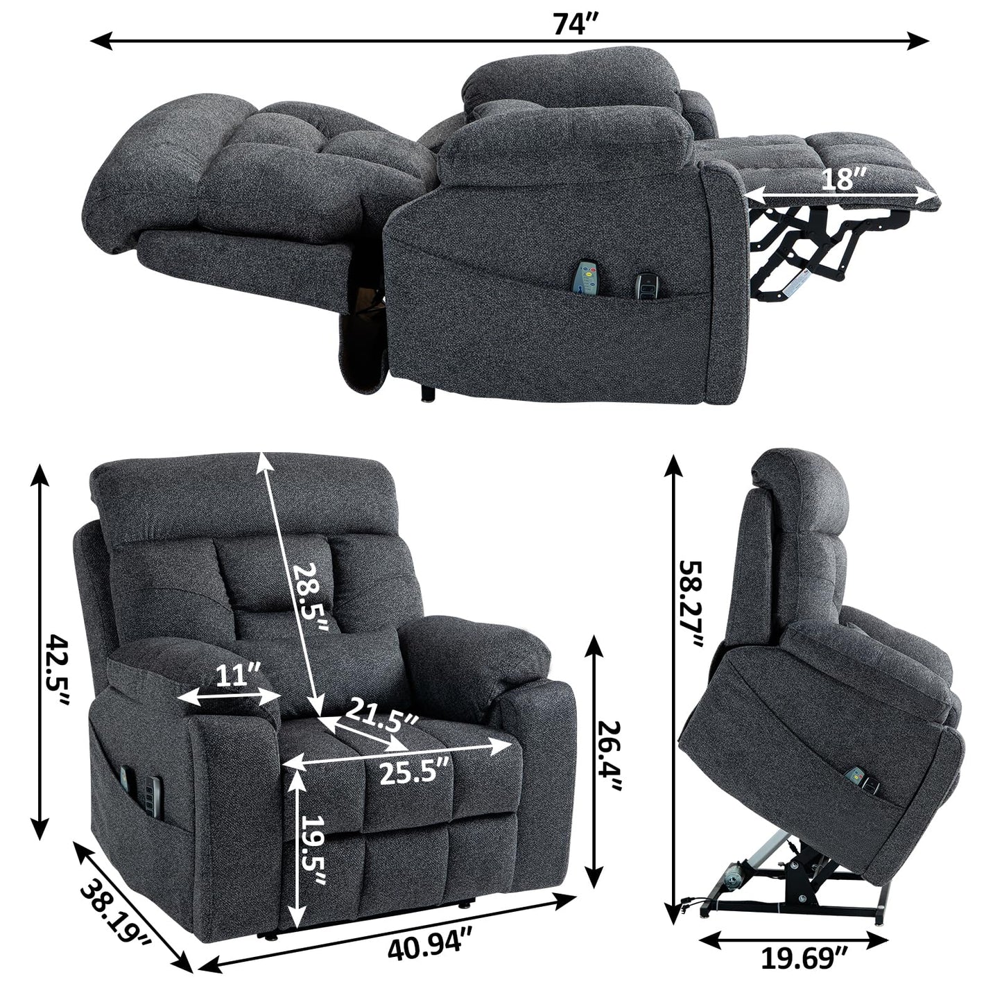 4 Motors Oversized Electric Lift Chair Power Recliner Sofa Chair for Adults with Massgae,Heat and Hidden Cup Holders, 180° Infinite Electric Reclining Armchair Comfy for Living Room, Bedroom,Office