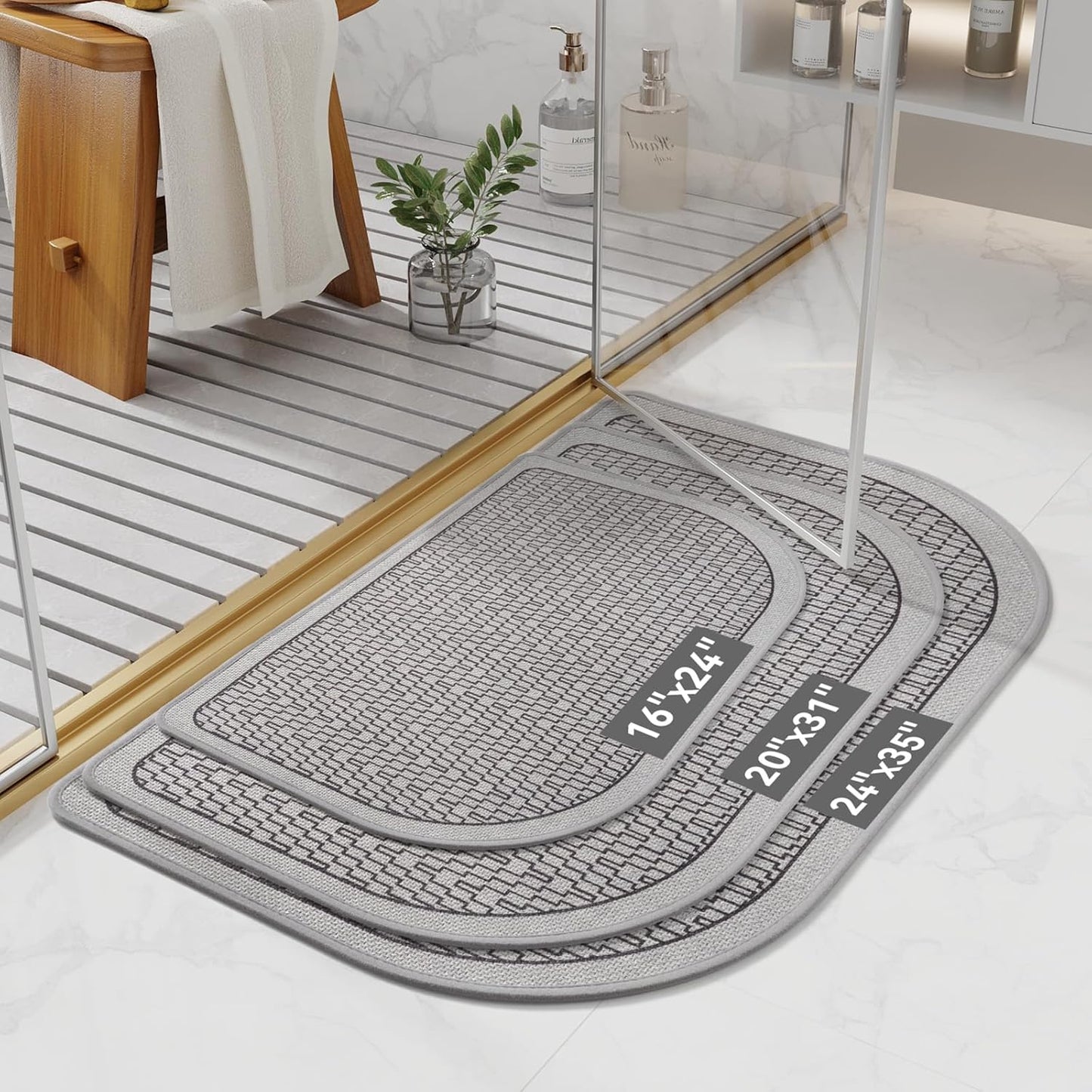 Ultra Thin Bathroom Rugs Mat Quick Dry Absorbent Non Slip Bath Mat Bath Mats for Bathtub Mat Bathroom Carpet Fit Under Door Woven Washable Floor Rubber Half Round Bath Rugs Grey 16x24