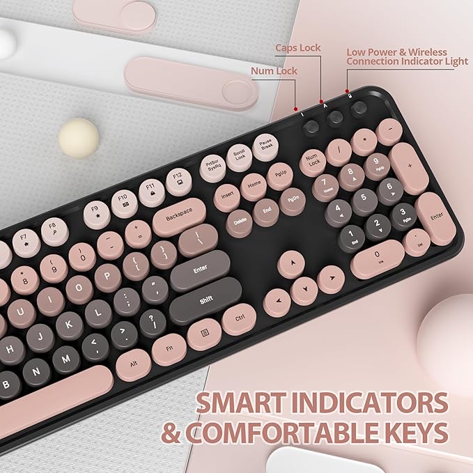 Owpkeenthy Retro Keyboard and Mouse Wireless, Cute Colorful Keyboard with Retro Typewriter Style Full-Sized with Number Pad Round Keys for Desktop, Laptop and Computerr (Gradient Heimei)