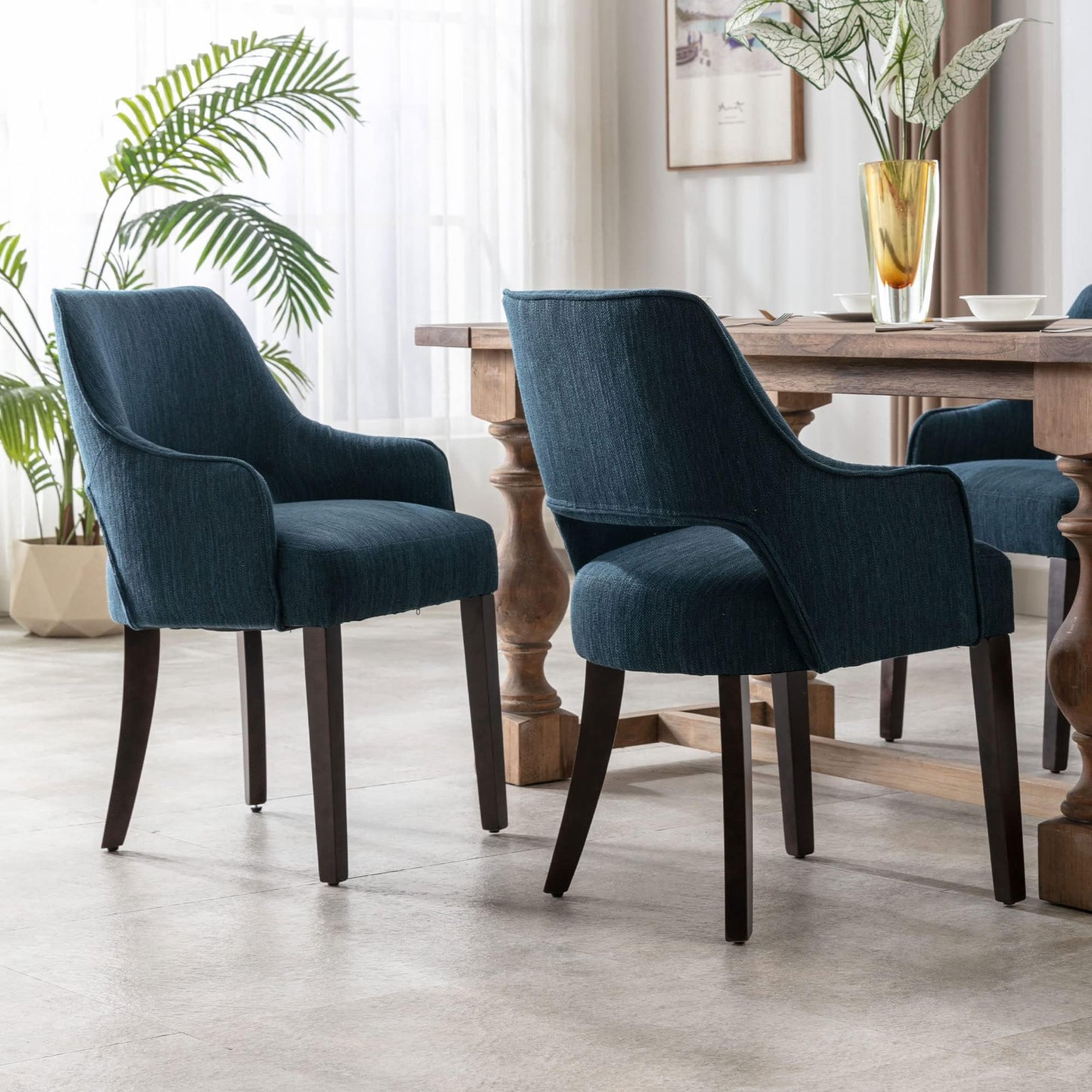 DM Furniture Linen Dining Chairs Set of 4 Upholstered Accent Chairs Side Chair with Wood Legs for Living Room/Dining Room/Bedroom/Restaurant, Blue