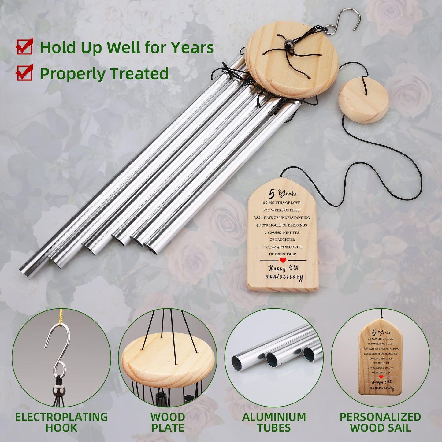 5th Annniversary Wind Chime Gifts for Couples, Happy 5th Ideas, 5 Years of Marriage Wedding Keepsake, 5 Years Anniversary, Wooden Wedding