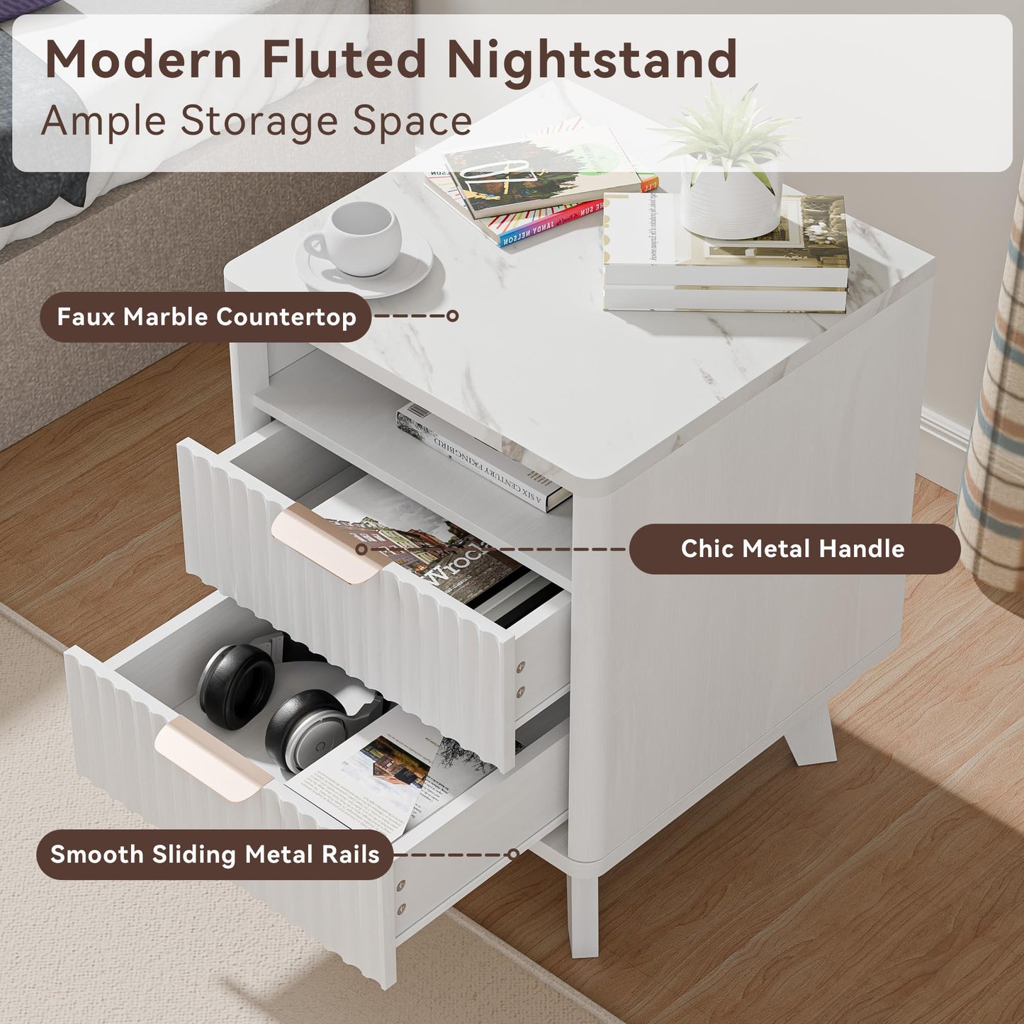 HOCAT Fluted White Nightstand with 2 Drawers, 18" Modern Bed Night Stand with Faux Marble Top, Open Storage Shelf, Curved Edge Bedside Table for Bedroom, Living Room End Side Table