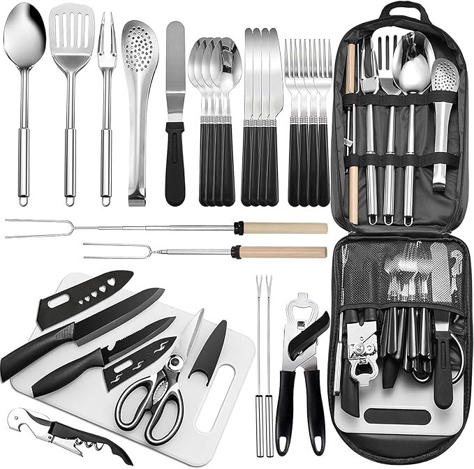Portable Camping Kitchen Utensil Set-27 Piece Cookware Kit, Stainless Steel Outdoor Cooking and Grilling Utensil Organizer...
