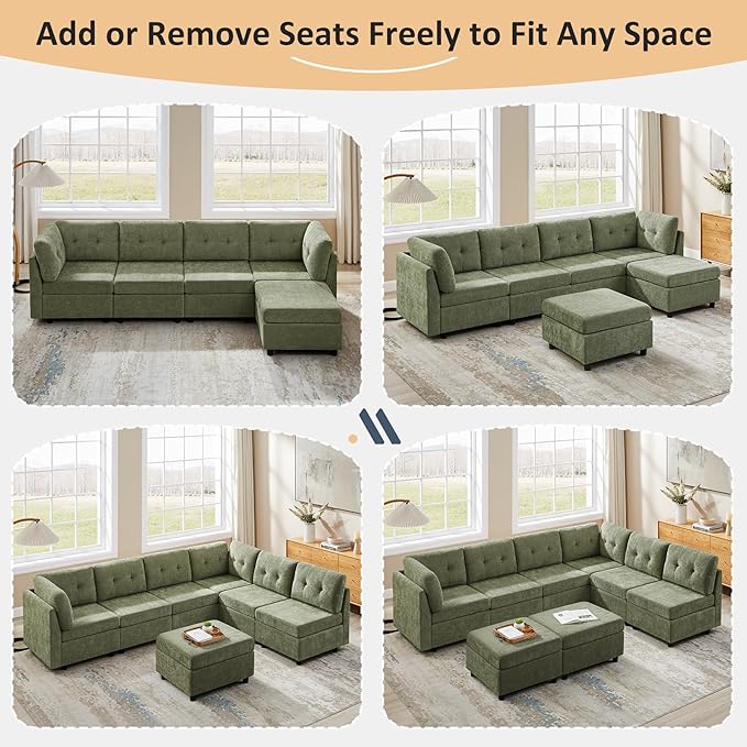 VANOMi 4 Seater Cloud Couches for Living Room with 2 Ottomans, 118" Modular Sectional Sofas & Couches, Comfy Chenille Cloud Sectional Couch Sofa for Apartment, Office, Green, U Shaped